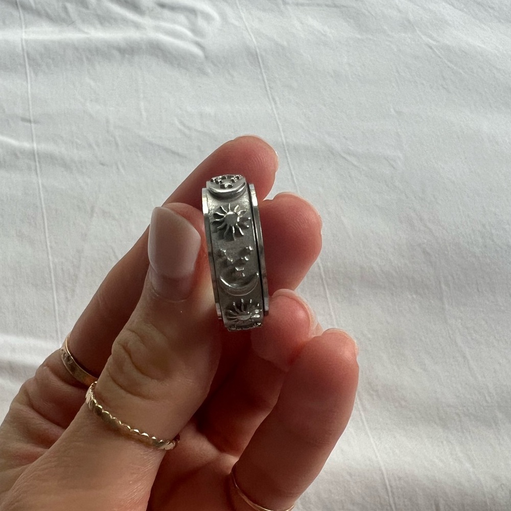 Handmade sterling silver fidget spinner ring size 9.5, moon/star/sun design